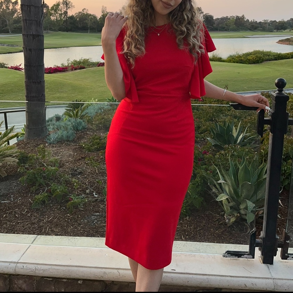 Elegant Red Ruffle Sleeve Dress